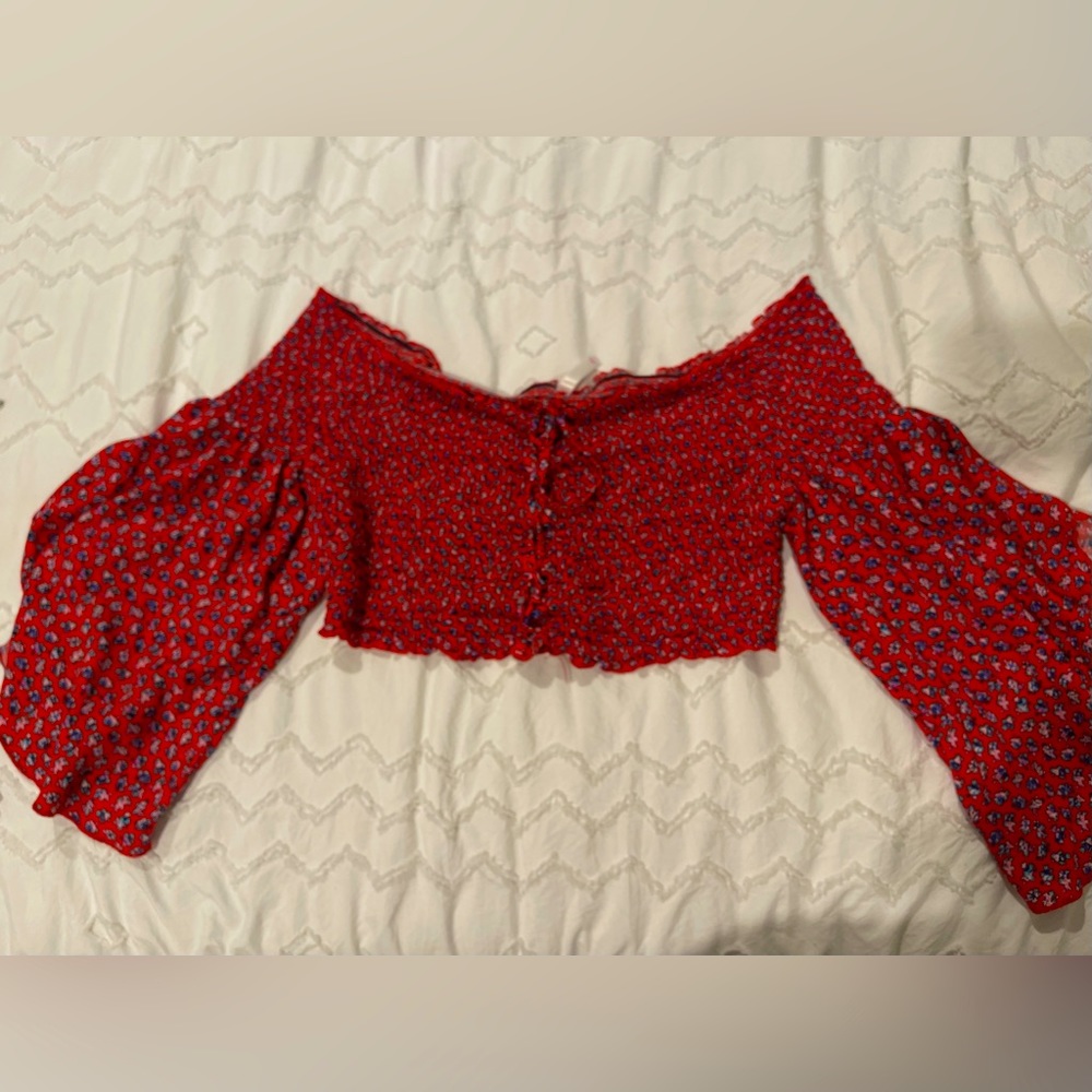 XHILARATION | Floral Red Off The Shoulder Smocked Top With Bell Sleeves